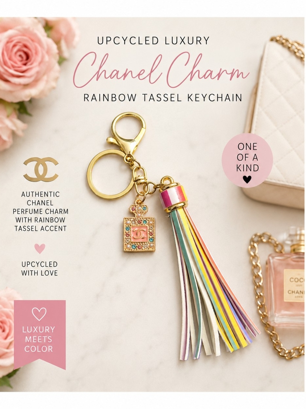 Upcycled CHANEL Multicolor Rainbow Tassel Key & Perfume Charm with Gold Hardware